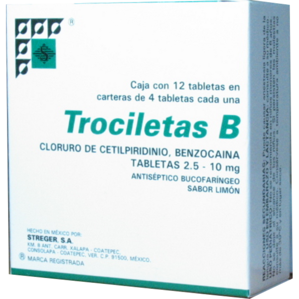 TROCILETAS B 2.5/10 MG C/12 TABS SABOR LIMON